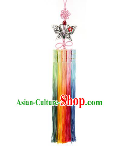 Asian Korean Hanbok Butterfly Colorful Tassel Waist Decorations, Korean National Belts Accessories Wedding Bride Waist Pendant for Women