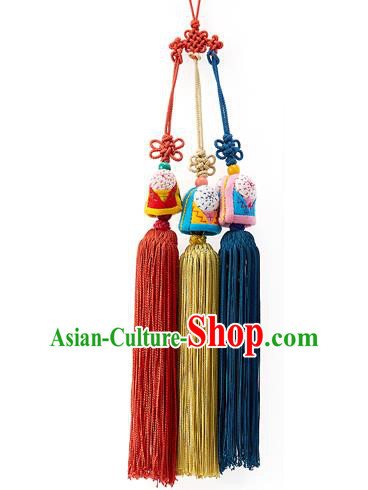 Asian Korean Hanbok Embroidered Bells Tassel Waist Decorations, Korean National Belts Accessories Wedding Bride Waist Pendant for Women