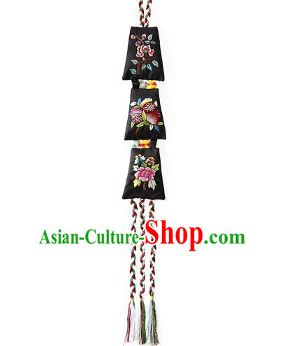 Asian Korean Hanbok Embroidered Peony Black Waist Decorations, Korean National Belts Accessories Wedding Bride Waist Pendant for Women