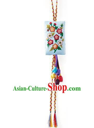Asian Korean Hanbok Embroidered Flowers Blue Waist Decorations, Korean National Belts Accessories Wedding Bride Waist Pendant for Women