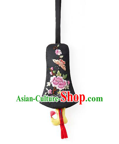 Asian Korean Hanbok Embroidered Flowers Black Waist Decorations, Korean National Belts Accessories Wedding Bride Waist Pendant for Women