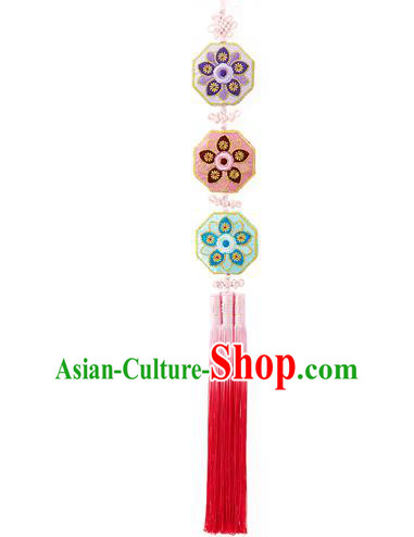 Korean National Belts Accessories Bride Wedding Embroidered Flowers Waist Pendant, Asian Korean Hanbok Red Tassel Waist Decorations for Women