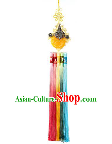 Korean National Belts Accessories Bride Wedding Hanbok Yellow Waist Pendant, Asian Korean Tassel Chinese Knot Waist Decorations for Women