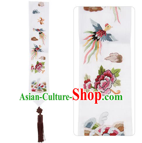 Korean National Belts Accessories Bride Wedding Hanbok Embroidered White Waist Pendant, Asian Korean Waist Decorations for Women