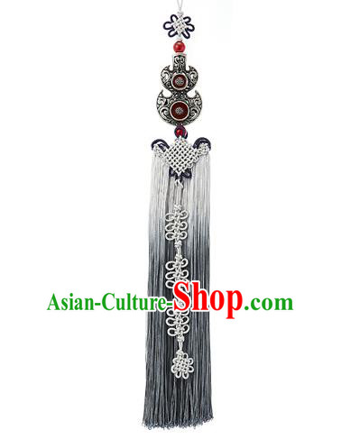 Asian Korean Hanbok Grey Chinese Knot Tassel Waist Decorations, Korean National Belts Accessories Bride Wedding Waist Pendant for Women