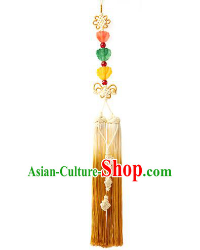 Asian Korean Hanbok Chinese Knot Yellow Tassel Waist Decorations, Korean National Belts Accessories Bride Wedding Waist Pendant for Women
