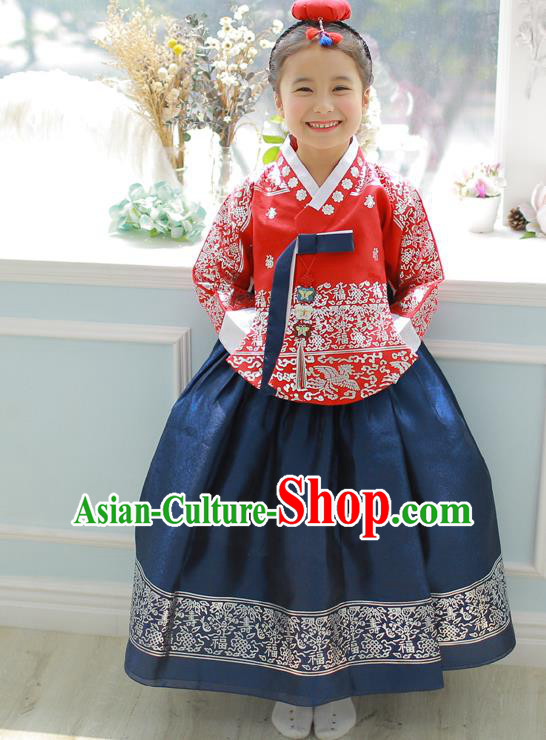 Asian Korean National Handmade Formal Occasions Embroidered Red Blouse and Blue Dress Hanbok Costume for Kids