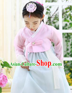Asian Korean National Handmade Formal Occasions Embroidered Pink Blouse and Blue Dress Hanbok Costume for Kids