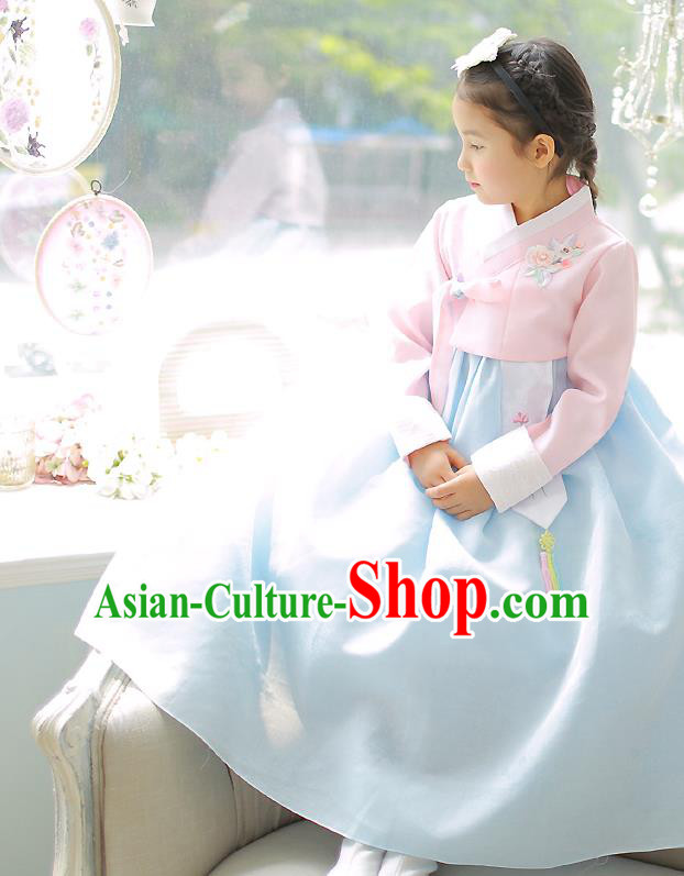 Asian Korean National Handmade Formal Occasions Embroidery Pink Blouse and Blue Dress Hanbok Costume for Kids