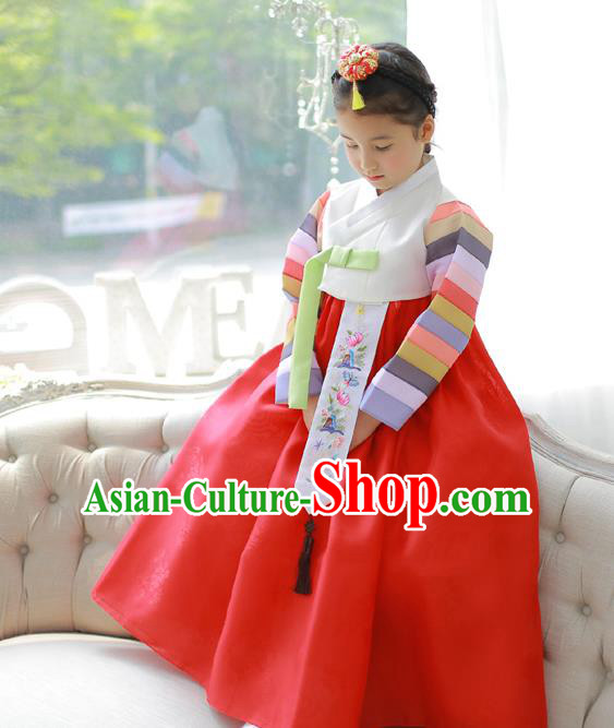 Asian Korean National Handmade Formal Occasions Embroidery White Blouse and Red Dress Hanbok Costume for Kids