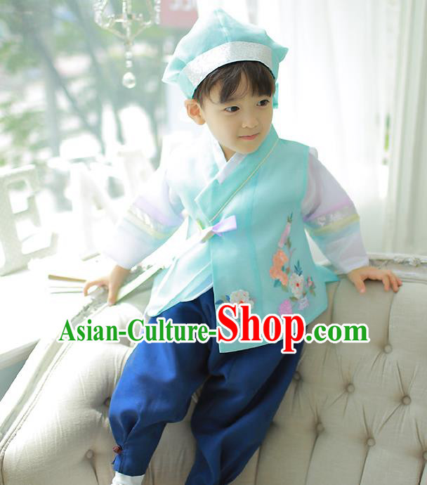 Asian Korean National Traditional Handmade Formal Occasions Boys Prince Embroidered Green Hanbok Costume Complete Set for Kids