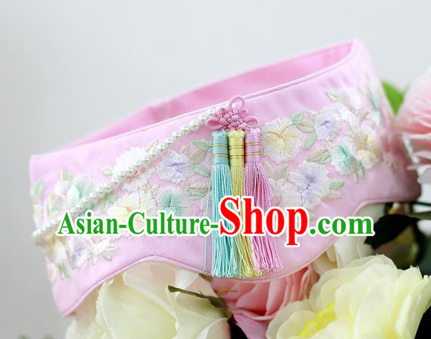 Traditional Korean Hair Accessories Bride Embroidered Flowers Pink Tassel Hats, Asian Korean Fashion Hanbok Headwear for Girls