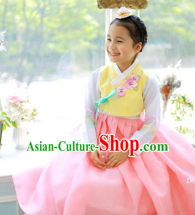 Asian Korean National Handmade Formal Occasions Embroidered Yellow Blouse and Pink Dress Palace Hanbok Costume for Kids