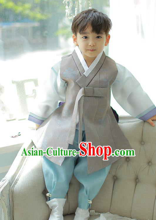 Asian Korean National Handmade Formal Occasions Embroidered Grey Palace Prince Hanbok Costume Complete Set for Boys
