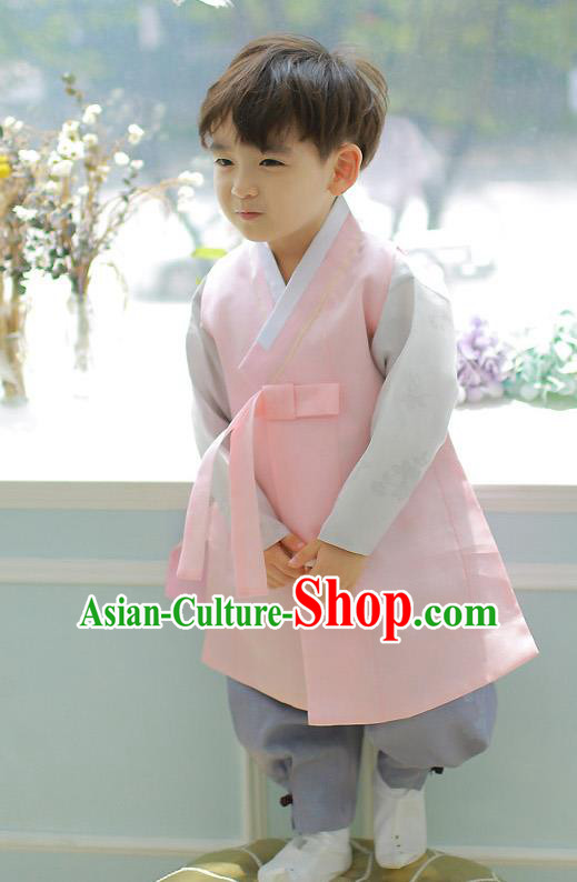 Asian Korean National Handmade Formal Occasions Embroidered Palace Prince Pink Hanbok Costume Complete Set for Boys