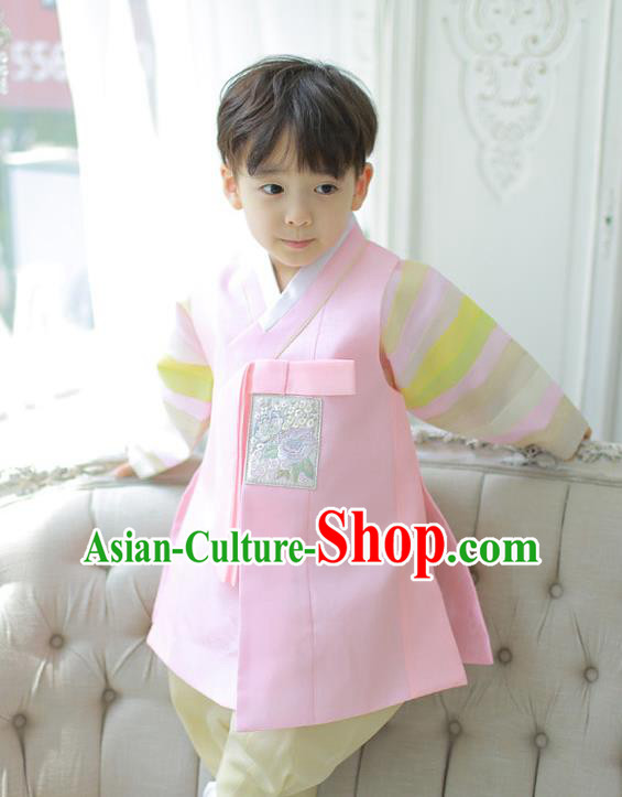 Asian Korean National Handmade Formal Occasions Embroidered Palace Prince Pink Hanbok Costume Complete Set for Boys