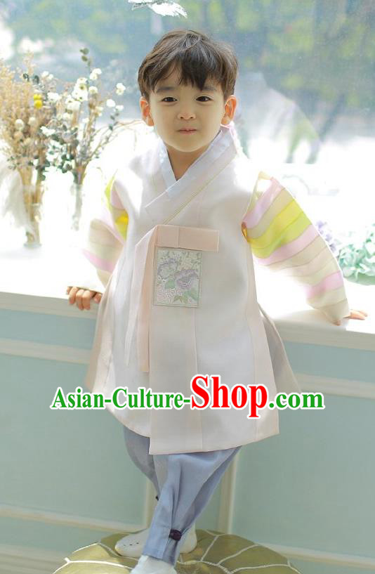 Asian Korean National Handmade Formal Occasions Embroidered Palace Prince White Hanbok Costume Complete Set for Boys