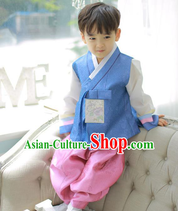 Asian Korean National Handmade Formal Occasions Embroidered Palace Prince Blue Hanbok Costume Complete Set for Boys