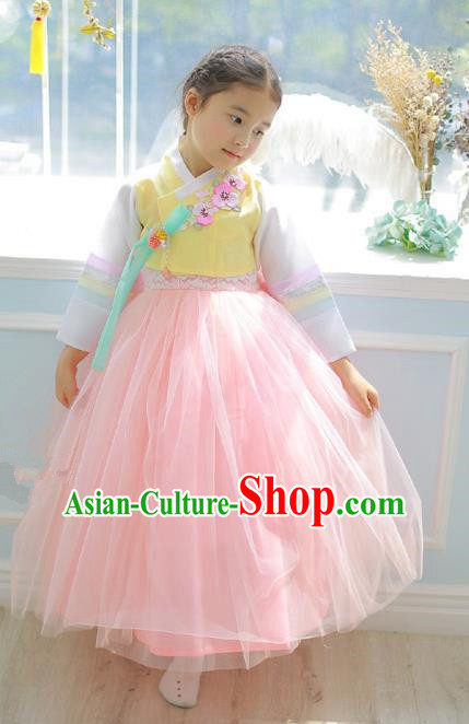 Asian Korean National Handmade Formal Occasions Embroidered Yellow Blouse and Pink Dress Palace Hanbok Costume for Kids