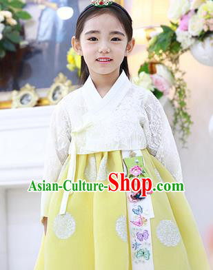 Asian Korean National Handmade Formal Occasions Embroidered White Lace Blouse and Yellow Dress Palace Hanbok Costume for Kids