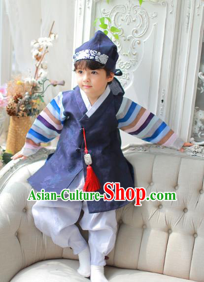 Asian Korean National Handmade Formal Occasions Embroidered Palace Prince Navy Hanbok Costume Complete Set for Boys