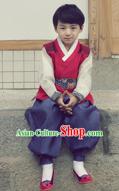 Asian Korean National Handmade Formal Occasions Embroidered Palace Prince Red Hanbok Costume Complete Set for Boys