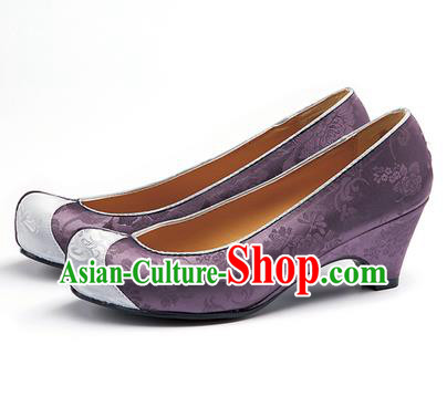 Traditional Korean National Wedding Purple Embroidered Shoes, Asian Korean Hanbok Bride Embroidery Satin High-heeled Shoes for Women