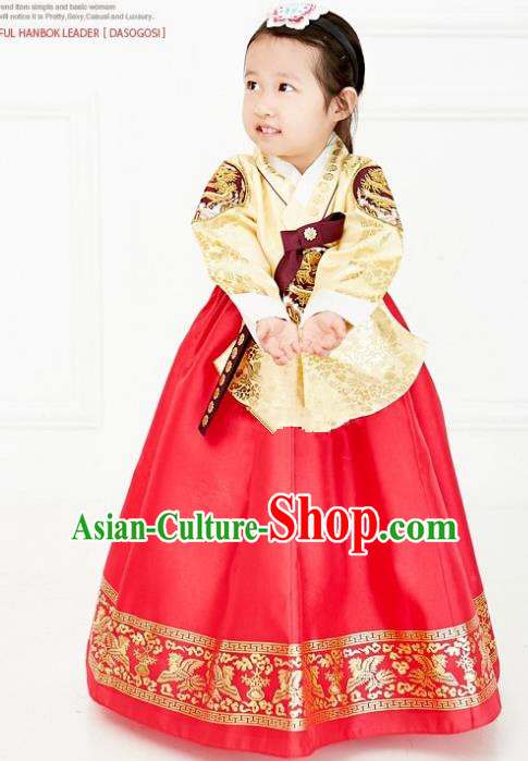 Asian Korean National Handmade Formal Occasions Wedding Embroidered Yellow Blouse and Red Dress Traditional Palace Hanbok Costume for Kids