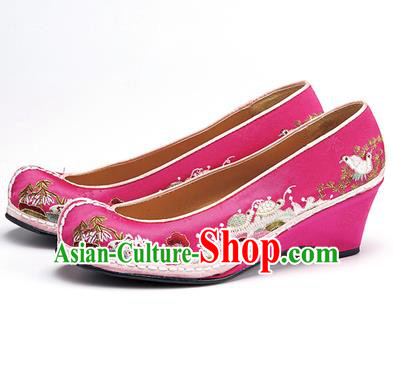 Traditional Korean National Wedding Shoes Embroidered Shoes, Asian Korean Hanbok Embroidery Rosy Bride Court Shoes for Women