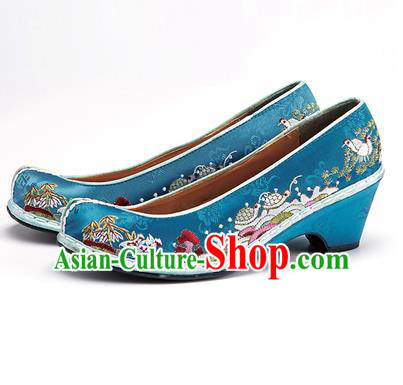 Traditional Korean National Wedding Shoes Embroidered Shoes, Asian Korean Hanbok Embroidery Blue Bride Court Shoes for Women