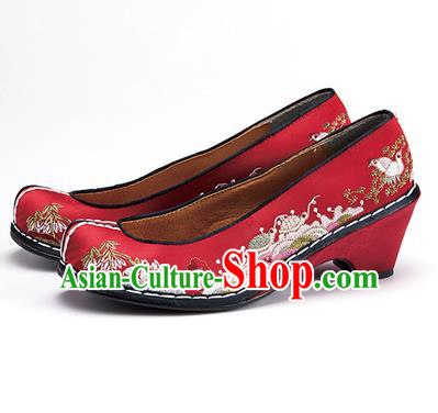 Traditional Korean National Wedding Shoes Embroidered Shoes, Asian Korean Hanbok Embroidery Dark Red Bride Court Shoes for Women