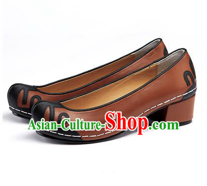 Traditional Korean National Wedding Shoes Embroidered Shoes, Asian Korean Hanbok Embroidery Brown Court Shoes for Women