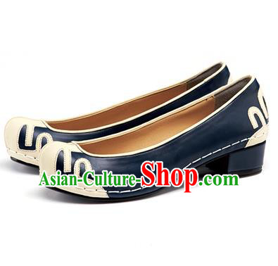 Traditional Korean National Wedding Shoes Embroidered Shoes, Asian Korean Hanbok Embroidery Blue Court Shoes for Women