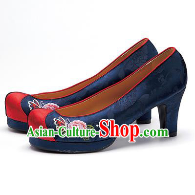 Traditional Korean National Wedding Shoes Navy Embroidered Shoes, Asian Korean Hanbok Embroidery Flowers High-heeled Court Shoes for Women