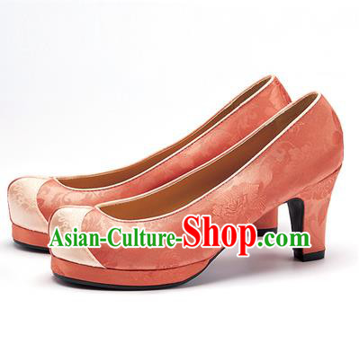 Traditional Korean National Wedding Shoes Orange Embroidered Shoes, Asian Korean Hanbok High-heeled Court Shoes for Women