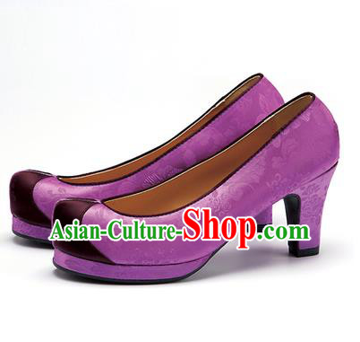 Traditional Korean National Wedding Shoes Purple Embroidered Shoes, Asian Korean Hanbok High-heeled Court Shoes for Women