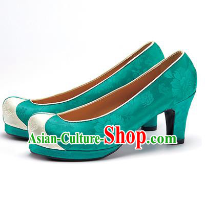 Traditional Korean National Wedding Shoes Deep Green Embroidered Shoes, Asian Korean Hanbok High-heeled Court Shoes for Women