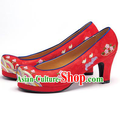 Traditional Korean National Wedding Embroidered Shoes, Asian Korean Hanbok Bride Embroidery Red High-heeled Shoes for Women