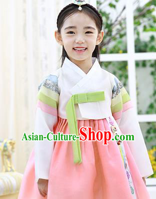 Asian Korean National Handmade Formal Occasions Wedding Embroidered White Blouse and Pink Dress Traditional Palace Hanbok Costume for Kids