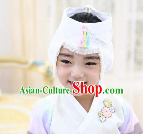 Traditional Korean Hair Accessories Bride Embroidered White Hats, Asian Korean Fashion Hanbok Headwear for Girls