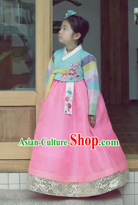 Asian Korean National Handmade Formal Occasions Wedding Embroidered Blue Blouse and Pink Dress Traditional Palace Hanbok Costume for Kids