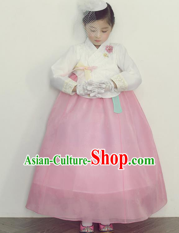 Asian Korean National Handmade Formal Occasions Wedding Embroidered White Blouse and Pink Dress Traditional Palace Hanbok Costume for Kids