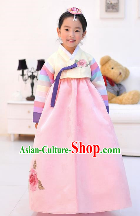 Asian Korean National Handmade Formal Occasions Wedding Embroidered Beige Blouse and Pink Dress Traditional Palace Hanbok Costume for Kids