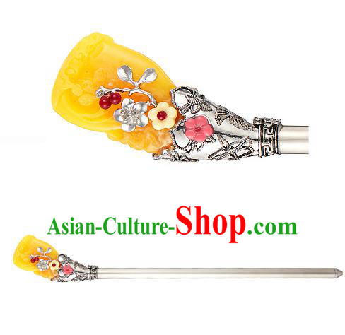 Traditional Korean Hair Accessories Bride Wedding Yellow Hairpins, Asian Korean Hanbok Fashion Palace Headwear Hair Stick for Women