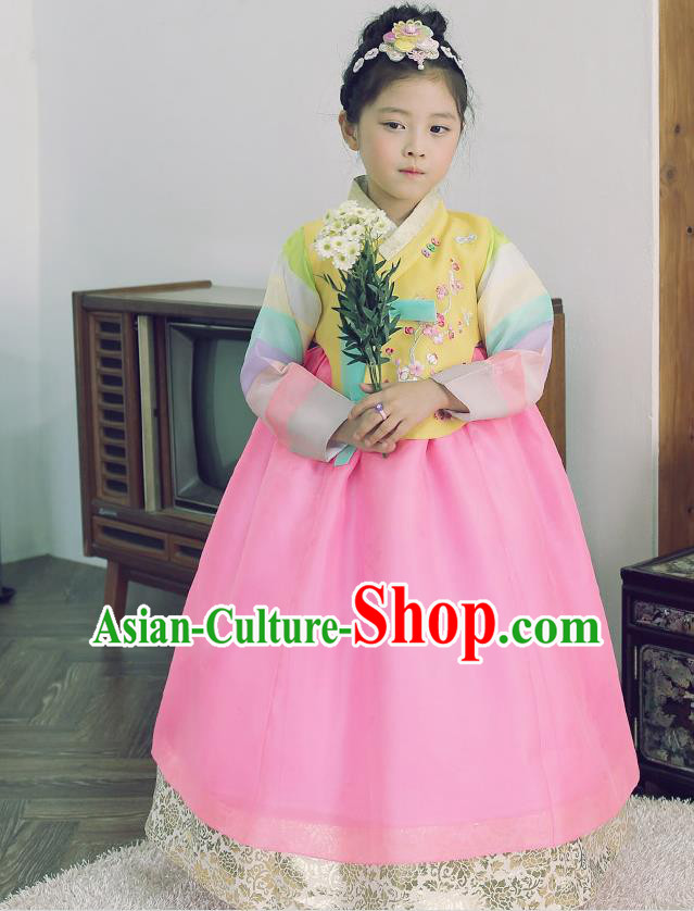 Asian Korean National Handmade Formal Occasions Wedding Embroidered Yellow Blouse and Pink Dress Traditional Palace Hanbok Costume for Kids