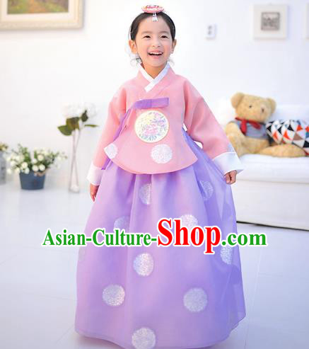 Asian Korean National Handmade Formal Occasions Wedding Printing Pink Blouse and Purple Dress Traditional Palace Hanbok Costume for Kids