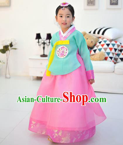 Asian Korean National Handmade Formal Occasions Wedding Embroidered Green Blouse and Pink Dress Traditional Palace Hanbok Costume for Kids