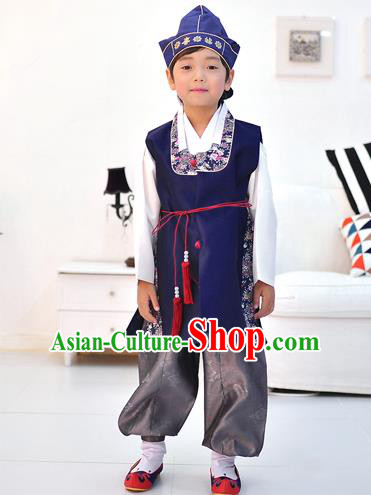 Asian Korean National Traditional Handmade Formal Occasions Boys Embroidery Blue Vest Hanbok Costume Complete Set for Kids