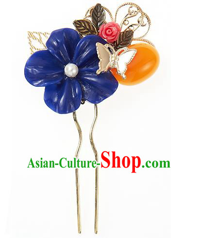 Traditional Korean National Wedding Hair Accessories Bride Palace Blue Flower Butterfly Hairpins, Korean Hanbok Fashion Hair Stick Headwear for Women