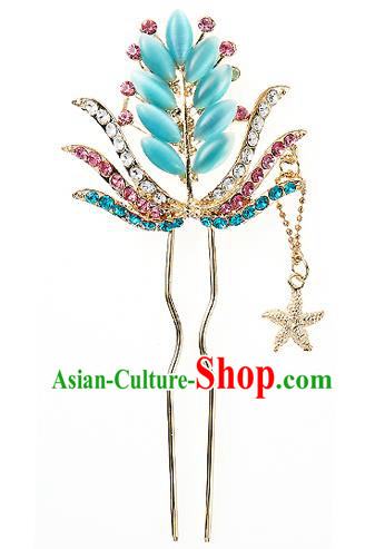 Traditional Korean National Wedding Hair Accessories Bride Palace Blue Crystal Hairpins, Korean Hanbok Fashion Hair Stick Headwear for Women